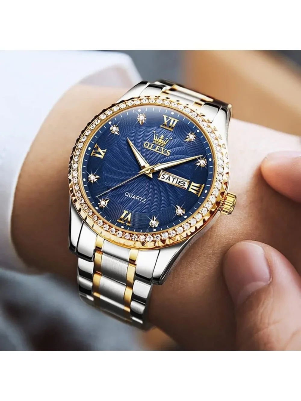 Men's Gold Blue Big Dial Analog Quartz Stainless Steel Relojes Waterproof Watch
